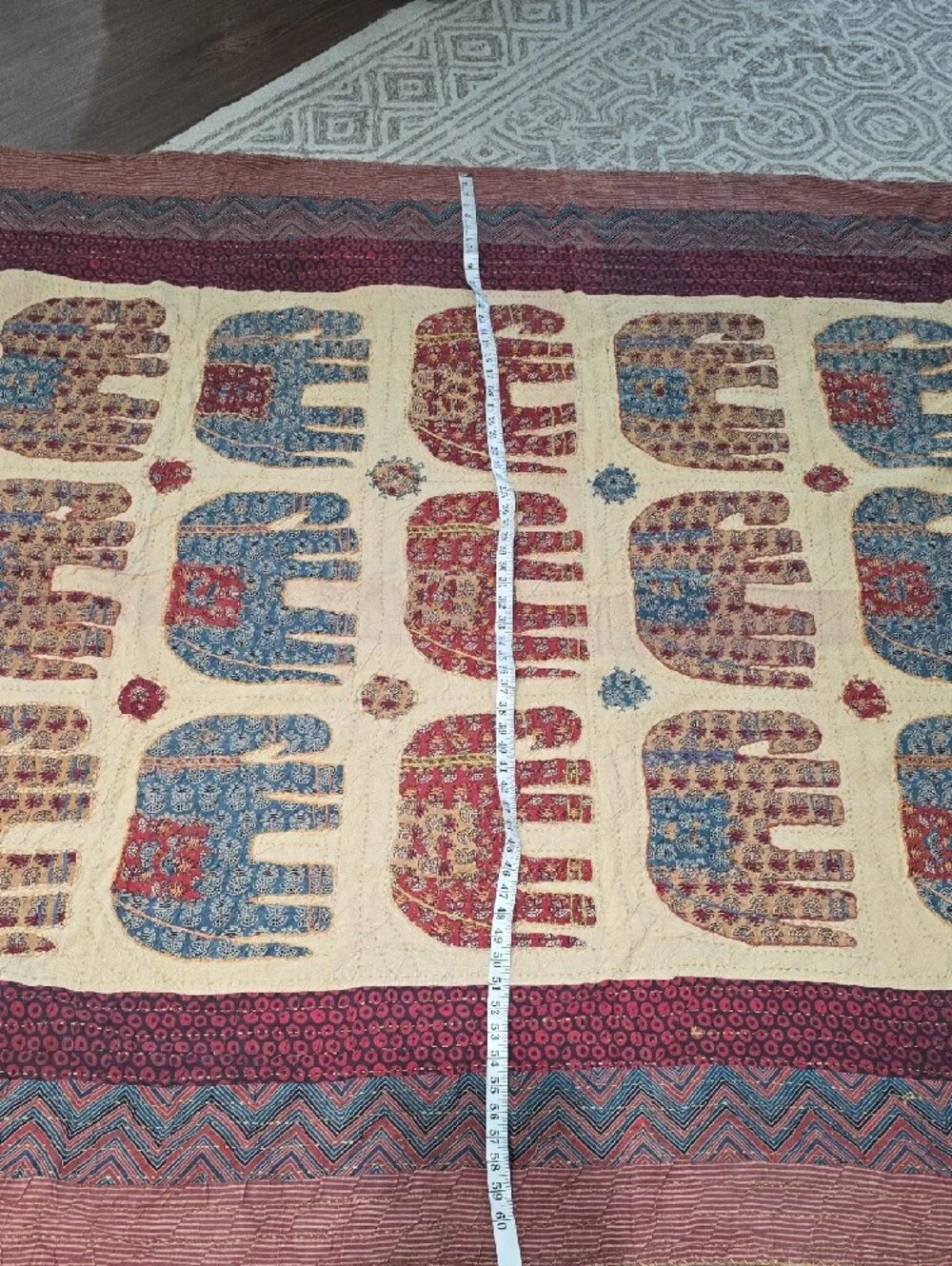 Handmade Block Elephant - Block Print Cotton Quilt in Cream, Blue & Red 62